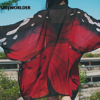 2021 Ženska Japonski Kimono Style Rdeč Metulj Zavihek Nezakonitih Contour Cut za Zaščito pred soncem Majica Super Svoboden Vrh