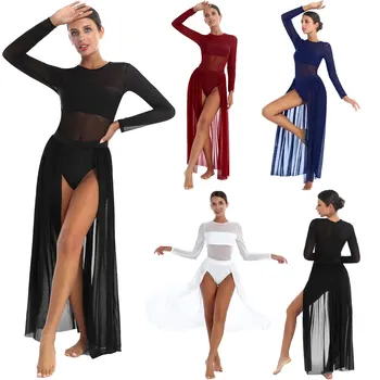 2021 Ženske Dolg Rokav Asimetrični Šifon Lirično Plesne Kostume Za Odrasle Stretchy Balet Tutu Gimnastika Ples Leotard Obleko