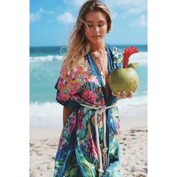 2021 Ženske Kopalke Prikriti Rokav Tam Kaftan Plaži Tunika Obleka Haljo Plage De Bela Bombaž Pareo Visok Ovratnik Plažo