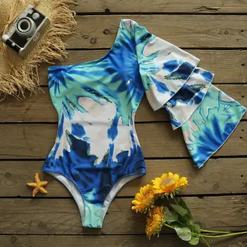 2021One Ramenski Kopalke Dolg Rokav En Kos Kopalke Tie dye Blue Print Ženske Plažo Multi-layer Sežgati Rokavi Monokini