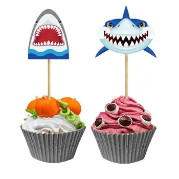 20Pcs Rojstni dan Shark Cupcake Toppers Vstavljanje Kartice Sladica Tabela Torto Izbor Otroci Rojstni dan Torta Dekoraterstvo Dobave