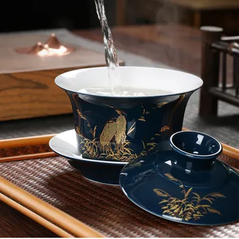280ml Big Jilan Glaze Keramični Gaiwan Kitajske Tradicionalne Sledenje Design V Zlato Porcelana Skodelice Kung Fu Čaj, Set Home Čaj Infuser