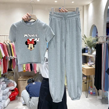2pcs Disney Mickey Minnie Tiskanja Priložnostne T-shirt Obleko Ženske Majica+hlače Obleke korejski Kratek Rokav Sweatpants Harajuku Oblačila