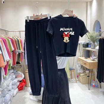 2pcs Disney Mickey Minnie Tiskanja Priložnostne T-shirt Obleko Ženske Majica+hlače Obleke korejski Kratek Rokav Sweatpants Harajuku Oblačila