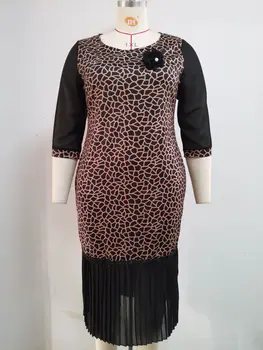 2XL 6XL Afriki Plus Velikost Ženske noše Leopard, Tiskanje Nov Krog Vratu 3 Četrtletju Rokav Nabrano Obleko Velikosti Oblačil