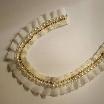 2yards zlati verigi, Biser bele čipke trim za obleke šivanje čipke obrezovanje in trak DIY oblačila dodatki