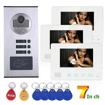 3 Enote Apartma Interkom Sistem Video Interkom Video Vrata Telefon 7 Palčni Zaslon z RFID keyfobs za 3 Gospodinjstvo