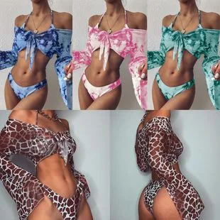 3 Kos Kopalke Dolge Rokave Šal Leopard Tiskanja Seksi Bikini Kopalke Mini Tangice Bikini Komplet Kopalke Ženske Plažo