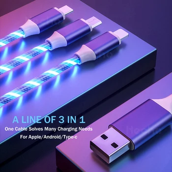 3 v 1 Sijaj Teče Micro USB Tip C Kabel USB C Kabel za Polnjenje Za iPhone 12 11 Huawei Xiaomi mi11 Redmi Mobilni Telefon LED Žice
