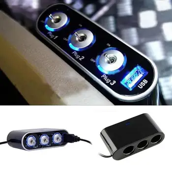 3 Way Car Cigarettes Lighter Triple Socket Splitter USB Charger with LED Light