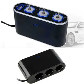 3 Way Car Cigarettes Lighter Triple Socket Splitter USB Charger with LED Light