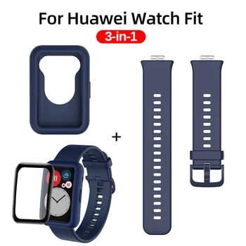 3in1 Silikonski Mehko Kovček + Pas + Screen Protector Film Za Huawei Watch Fit Polno Kritje Zaščitni Lupini Smartwatch Dodatki