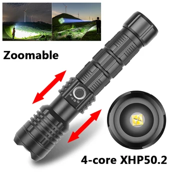 4 Core XHP50.2 Led Močan Zoomable Taktično Svetilko Svetilka za Kampiranje, Pohodništvo Svetlobe USB Polnilne Aluminij Zlitine Luč