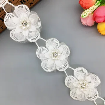 50x Nigerijski Čipke Tkanine 2019 White Pearl Beaded Cvetja, Okrasnih Čipke Trim Vezene Aplicirano Poročno Obleko Šivanje Obrti