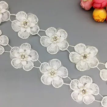 50x Nigerijski Čipke Tkanine 2019 White Pearl Beaded Cvetja, Okrasnih Čipke Trim Vezene Aplicirano Poročno Obleko Šivanje Obrti