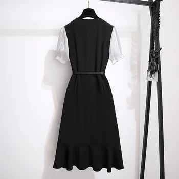 5XL Plus Velikost Ženske Elegantne Urad Obleke Poletje 2021 Proti-vrat Kratek Rokav Mozaik Šifon Ruffle Črna A-Line Dame Oblačenja