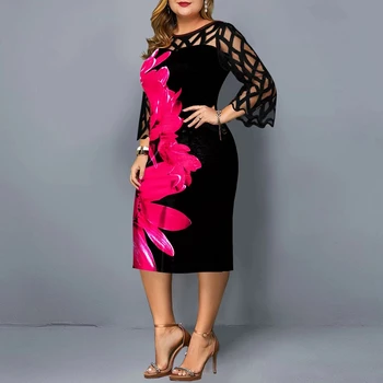 5XL Plus Velikost Ženske Obleke Poletje Obleko Elegantno Cvjetnim Tiskanja Priložnostne Obleko 2021 Novo Očesa Rokav Rojstni dan Kluba Stranke Obleke
