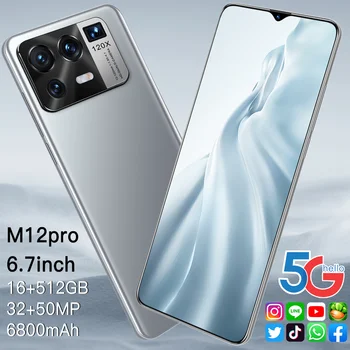 6.7 palčni Pametni M12pro Android 11.0 6800mAh Dual SIM 16GB RAM 512GB ROM 32+50MP 5G LTE MTK6889 Globalna Različica Mobilne Telefone