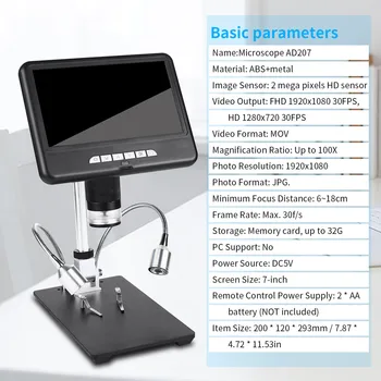7-palčni LCD Velik Zaslon Digitalni Mikroskop AD207 1080P 100X Povečavo HD Video Snemanje 8 LED za Elektronske Vzdrževanje