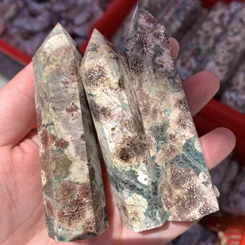 80-90 MM Naravno Zeleno Sakura Kamen Točke Zdravljenja Kristalno Rude Stolp Za Dom Dekor Energije, Mineralnih Piramida