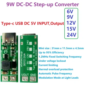 9W mini Tip-C USB DC 5V, da 6V 9V 12V 15V 24V DC DC Povečanje Step-up Pretvornik PWM čim prej Regulator Napetosti Modul