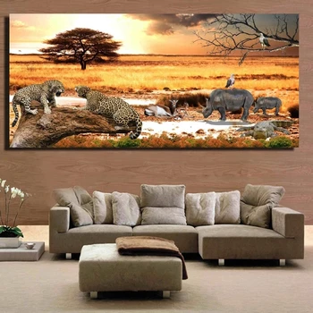 Afriške Pašnikov Sončnem Zahodu Pokrajina Plakatov In Fotografij-Cheetah In Nosoroga Slike Za Steno Dnevne Sobe-Slike Živali