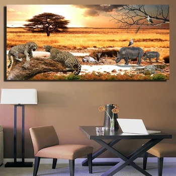 Afriške Pašnikov Sončnem Zahodu Pokrajina Plakatov In Fotografij-Cheetah In Nosoroga Slike Za Steno Dnevne Sobe-Slike Živali