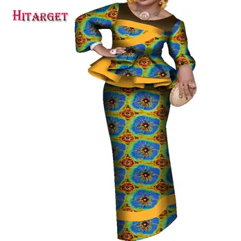 Afriške Ženske obleke Tradicionalne Tiskane Obleko za Ženske Vrh + Krilo 2 Kosa Okrogle Ovratnik, Dolgi Rokavi, Krilo Wy7973