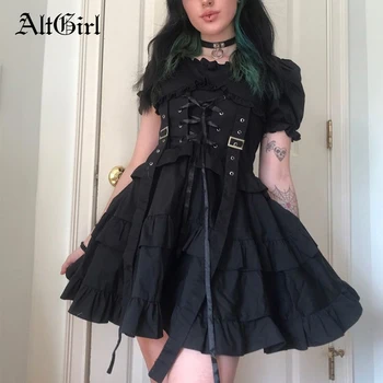 AltGirl Temno Gothic Croset Obleka Ženske Harajuku Fairycore Puff Rokav Visoko Pasu Povoj Obleke Center Goth Punk Emo Alt Oblačila