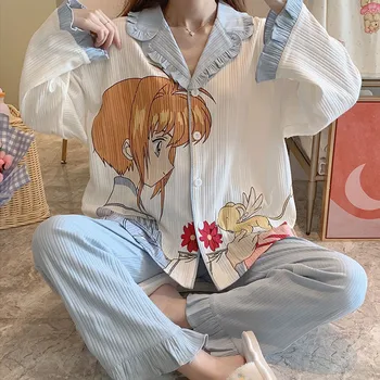 Anime Pajama Nastavite Cardcaptor Sakura 2PCS Bombaž Homewear Dolg Rokav Vrhovi in Hlače Ženske Pijama Japonski Risani Nightsuit