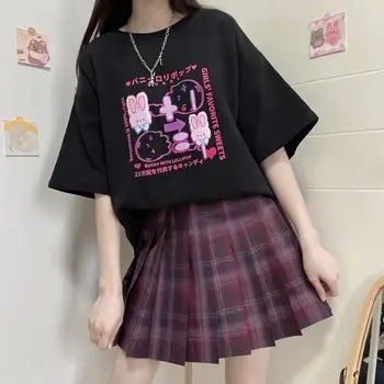 Anime Tshirt Ženske 2021 Zajec Tiskanja Japonski Slog Top Mujer Alt Oblačila Estetske MINGLIUSILI Poletje Black Grafični T Srajce