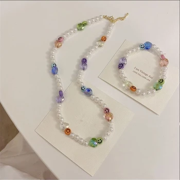 AOMU francoski Retro Candy Barve Posnemali Crystal Pearl Smeška Beaded Ogrlica Nepravilne Geometrijske Rezano Površino Zapestnica za Ženske