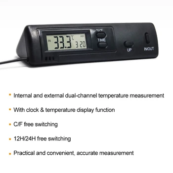Avtomobilske Gospodinjski Hladilnik Digitalni Termometer in Ura V&Out Dvojni Senzor Temperature z 1m senzor ℃/℉ 12/24 Urni