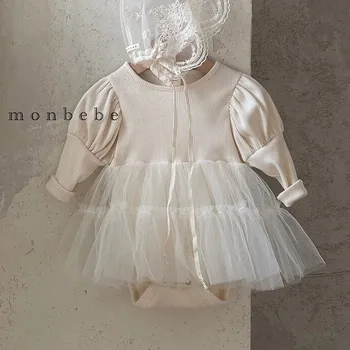 Baby Girl Obleke Obleka, Pomlad Novega Otroka Dolgimi rokavi Jumpsuit Baby Puff Rokav Gaza Obleko Obleka, Novorojenčka
