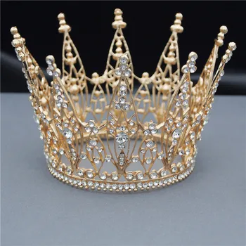 Baročni Kraljica Kralj Krono Poročne Tiaras in Krone Krog Diadem Nevesta Glavo za Poročni Dodatki, Lase, Nakit Pageant