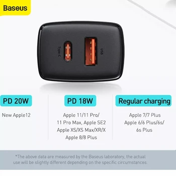 Baseus 20W USB Polnilnik z Dvojno Polnjenje Vrata Podporo Tip C PD Hitro Polnjenje Telefona Polnilnik Za iPhone 12 XS Pro Max 11 Mini Plus 8