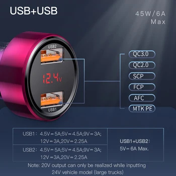 Baseus 45w USB Avto Polnilec za Hitro Polnjenje 4.0 3.0 Za iPhone Xiaomi Samsung QC4.0 QC3.0 QC Tip C PD Avto Hitro Mobilni Telefon Polnilnik