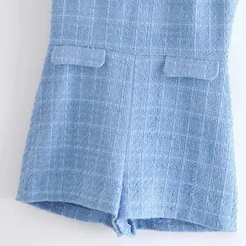 BBWM Ženske, Modro Tweed Teksturo Hlače Jumpsuit z Zadrgo brez Rokavov Moda Splošno Romper Playsuits Pomlad Jesen 2021