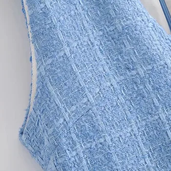 BBWM Ženske, Modro Tweed Teksturo Hlače Jumpsuit z Zadrgo brez Rokavov Moda Splošno Romper Playsuits Pomlad Jesen 2021