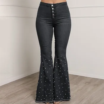 Beaded Denim flare kavbojke Ženske visoko elastični pas skinny jeans Širok Noge Hlače ženske Priložnostne bell dnu jeans Hlače, plus velikost
