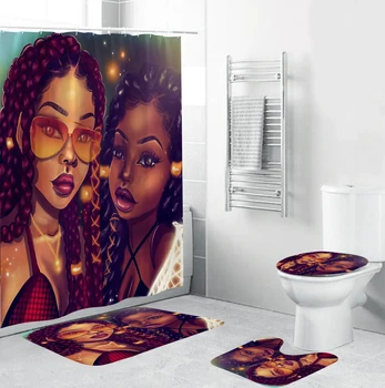 Black Art Afro Mama in Hči Kopalnica Zavese Afriško Ameriške Ženske, Tuš Zavese, Wc Pokrov Mat Non-Slip Kopel Preprogo Set