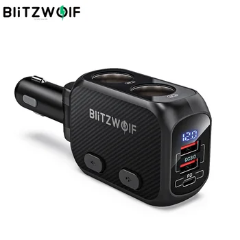 BlitzWolf BW-CLA1 Avto Polnilnik Z Dvojno 150W električno Vtičnico Splitter Adapter QC3.0 USB Avto Polnilec LED Zaslon za Pametni telefon