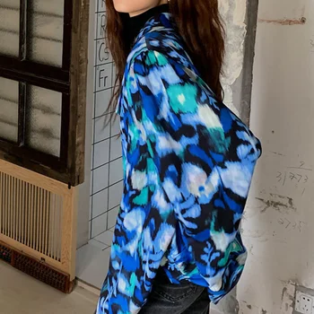 Bluze, Ženske Design BF Umetniške Elegantna Modra Elegantno Pomlad Tiskanja Puff Rokav Harajuku Moda Svoboden Temperament Classy Ulične