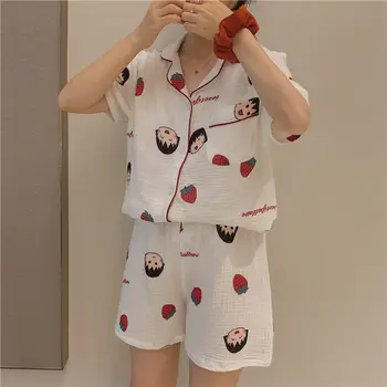 Bombaž Pijama Kawaii Roomwear Ženske Poletje 2021 Sleepwear Jagode Pajama Nastavite Lepe Obleke, Obleke, Hlače Pyjama Loungewear