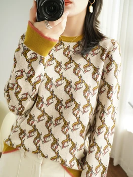Bombaž pulover ženske o-vratu dno majica svoboden dolgo sleeved modi vzorec plesti pulover vse-tekmo pulover poletje