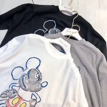 Bombaž Žensko Harajuku Prevelik T Srajce Moda Risanka Mickey Mouse T-shirt Poletje Novi vrhovi za Ženske Pol Rokavov Tee