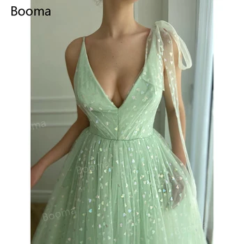 Booma Mint Zelena Izvrsten Til Večerne Obleke 2021 Globoko V-Neck A-Line Prom Obleke z Žepi Odprt Nazaj Stranki Poroka Obleke