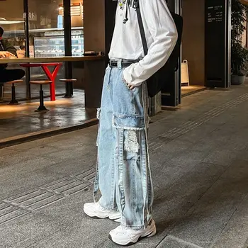Cargo hlače, moške hlače svoboden gleženj-dolžina hlače jeseni, pozimi korejski moda hip hop široko nogo visok pas naravnost casual kavbojke