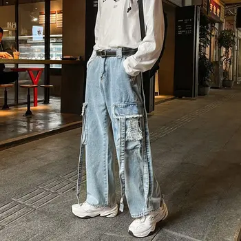 Cargo hlače, moške hlače svoboden gleženj-dolžina hlače jeseni, pozimi korejski moda hip hop široko nogo visok pas naravnost casual kavbojke