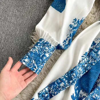 Croysier Obleke Za Ženske 2021 Elegantno Trgatev Modre In Bele Porcelanaste Tiskanja Midi Obleko Z Dolgimi Rokavi Obleka S Pasom